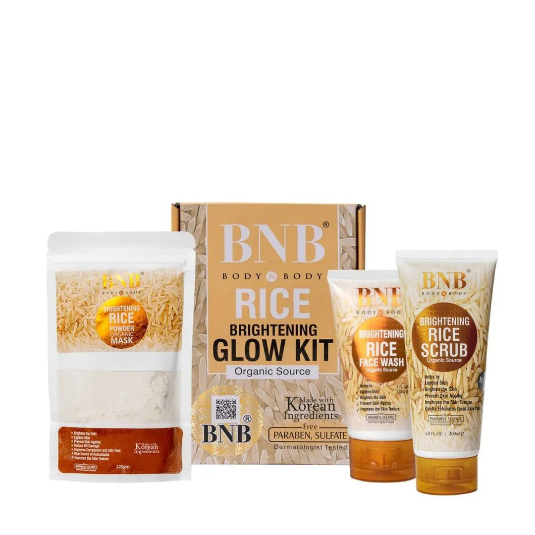 BNB Rice Brightening Glow Kit – Organic Rice Face Wash, Rice Scrub & Rice Powder Mask for Radiant & Even Skin Tone