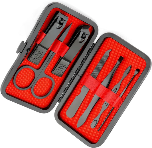 Manicure set with red and gray tools in a red case on a white background