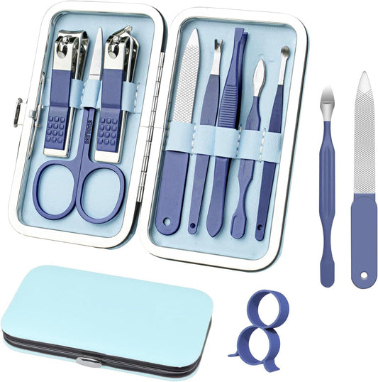 Manicure set with blue tools and case on a white background